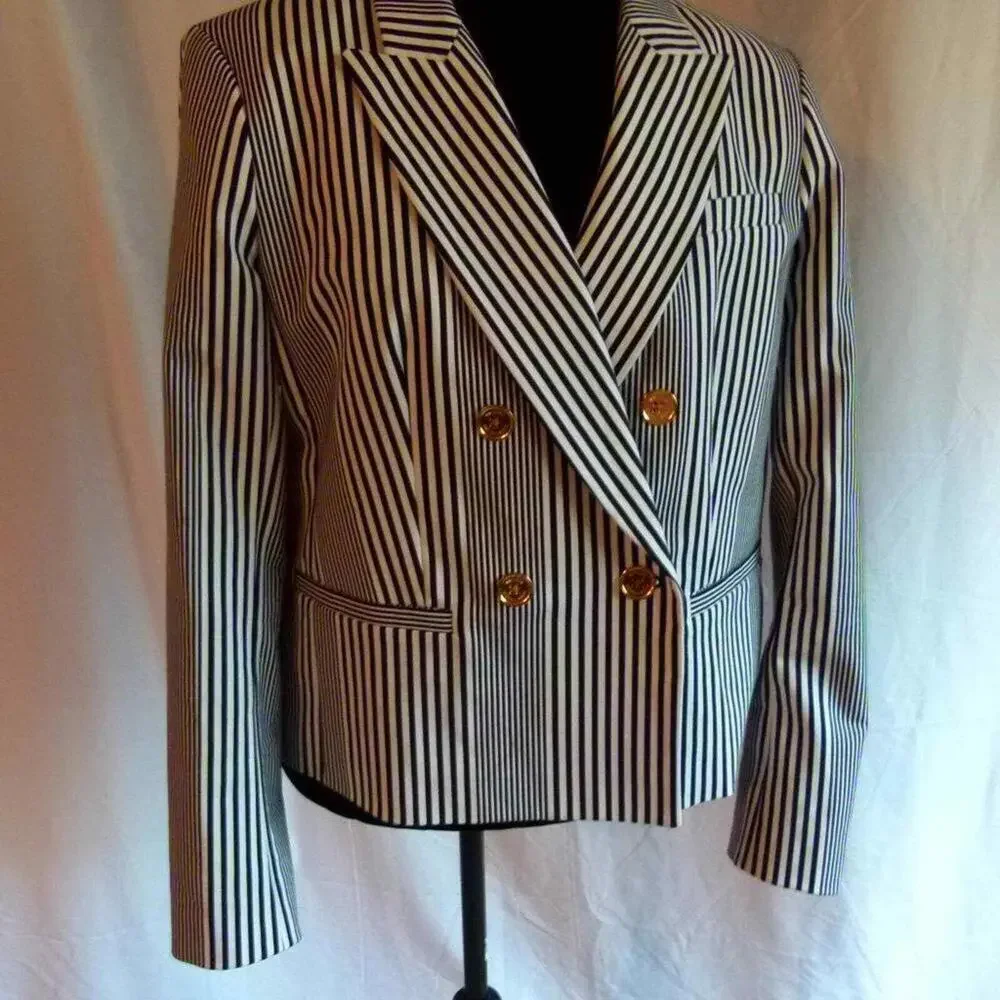 NWOT Michael Kors Navy white Striped double breasted blazer 12